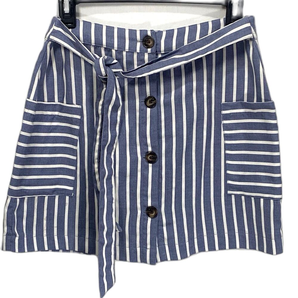 Altar'd State Striped Mini Skirt Womens S Tie Waist Button Pockets Blue White - Picture 1 of 8